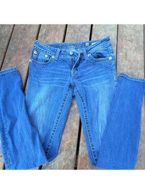 Miss Me Womens Embellished Bootcut Jeans Size 28 Distressed Blue Denim Fleur De